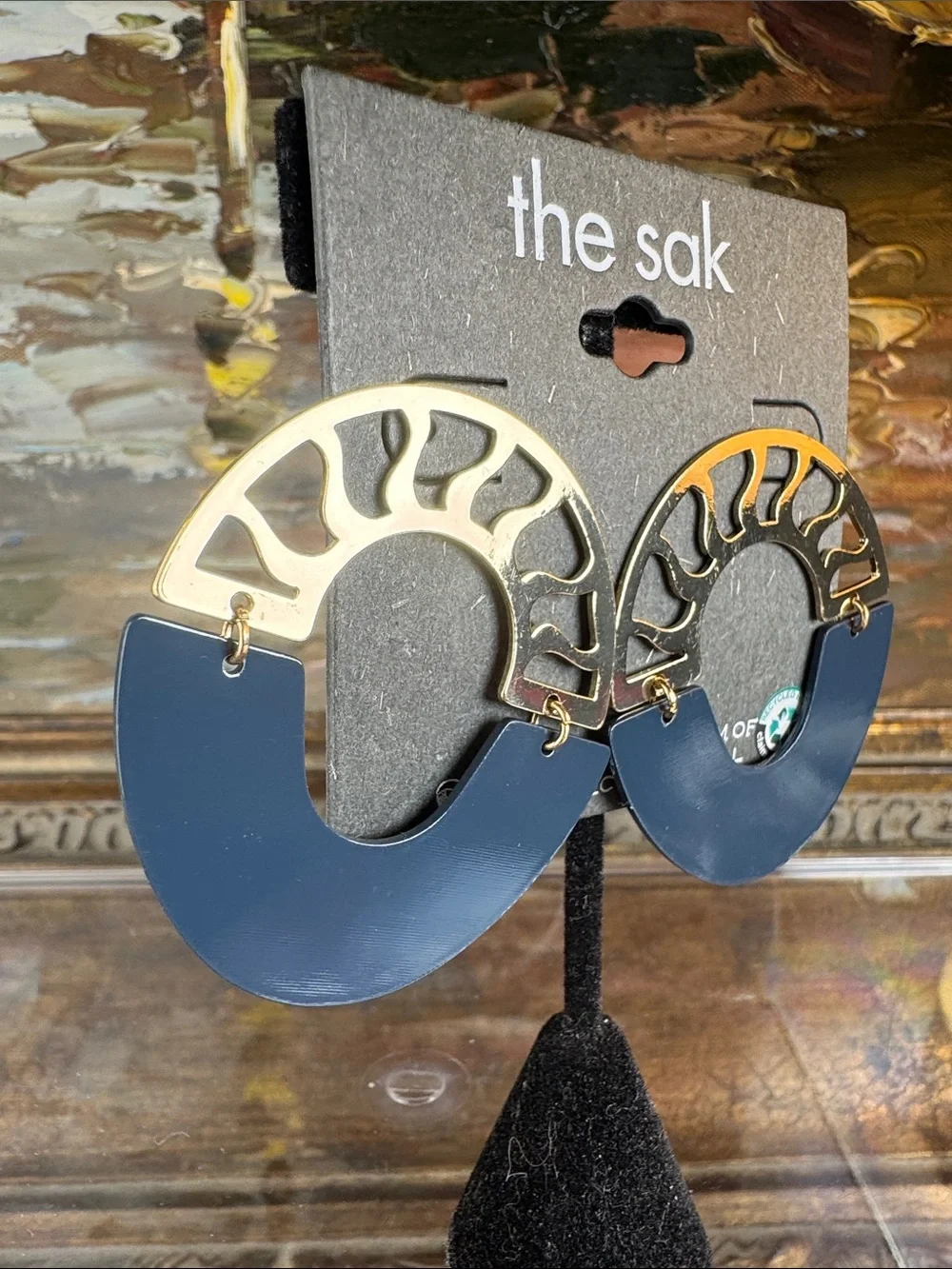 0630-the sak Navy and Brass Openwork Hoop Earrings‎